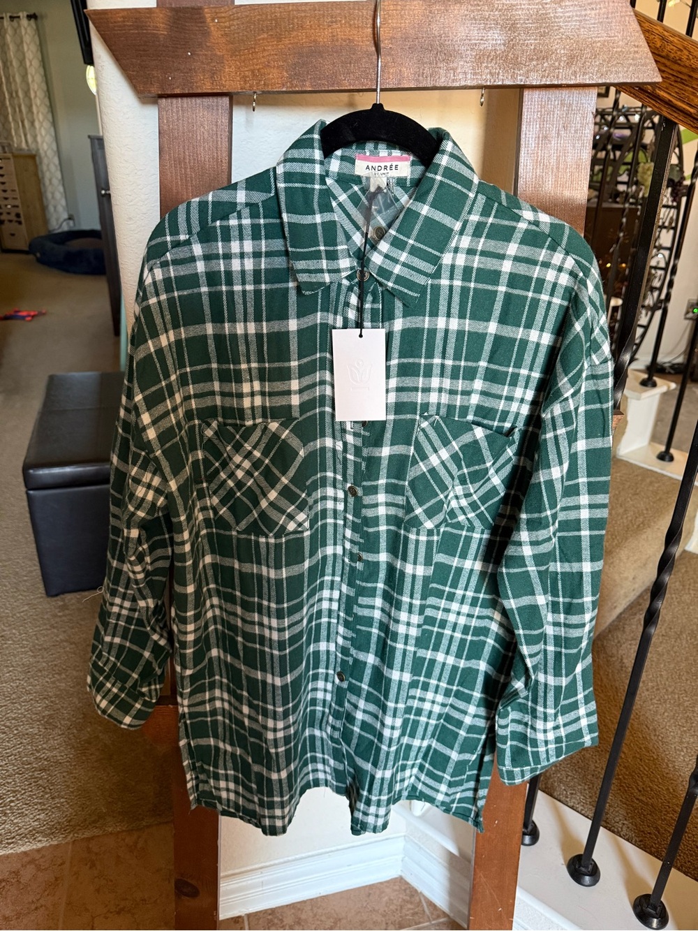 Andree Forest Green and White Plaid Shirt Jacket